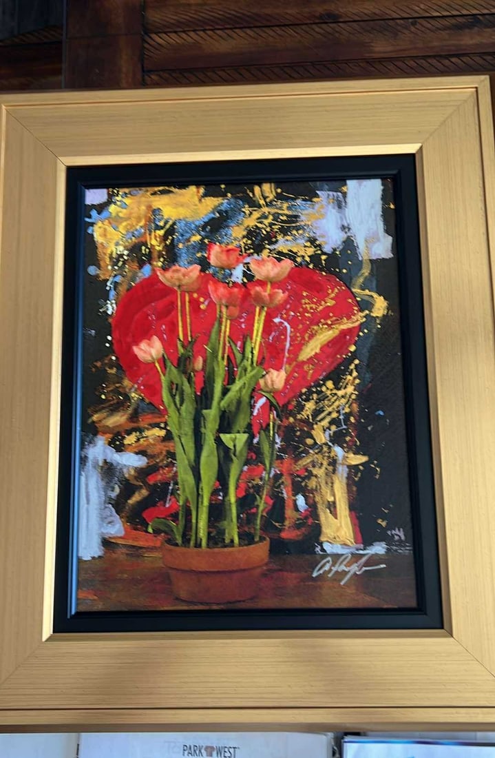 Dominic Pangborn Heart of Spring: Dominic Pangborn "Heart of Spring" 16 1/2" x 12 1/4" image size 2010. Hand-embellished giclee in color with acrylic on canvas. Signed in ink lower right. Gallery framed, COA, Appraisal. VG
