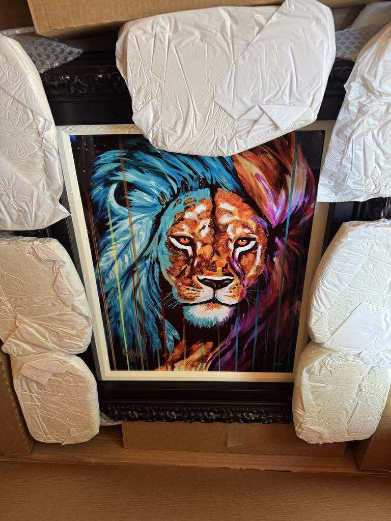 Christian Masot Sacred Lion: Christian Masot "Sacred Lion" 2023 20" x 16" image size dye sublimation on aluminum. Hand-signed by the artist. Gallery framed, COA, Appraisal. BA