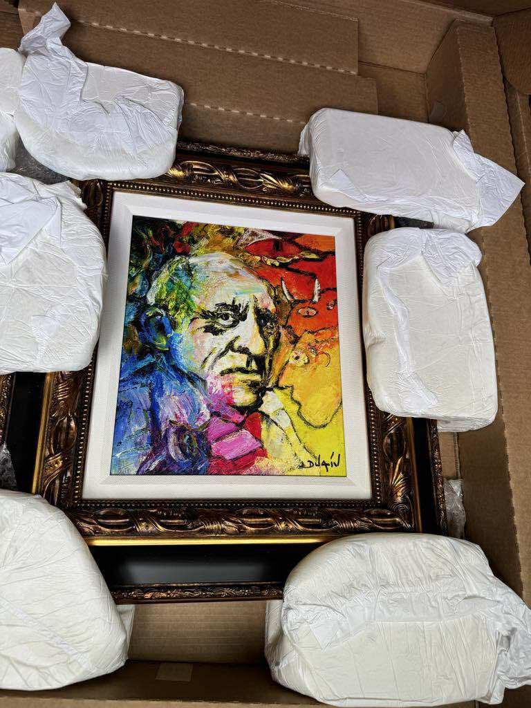 Duaiv Picasso au Noir Regard: Duaiv "Picasso au Noir Regard" 2018 14" x 11 3/4" image size Giclee in color with hand embellishment on canvas. Hand-signed in pigment lower right by the artist. Gallery framed, COA, Appraisal, BA