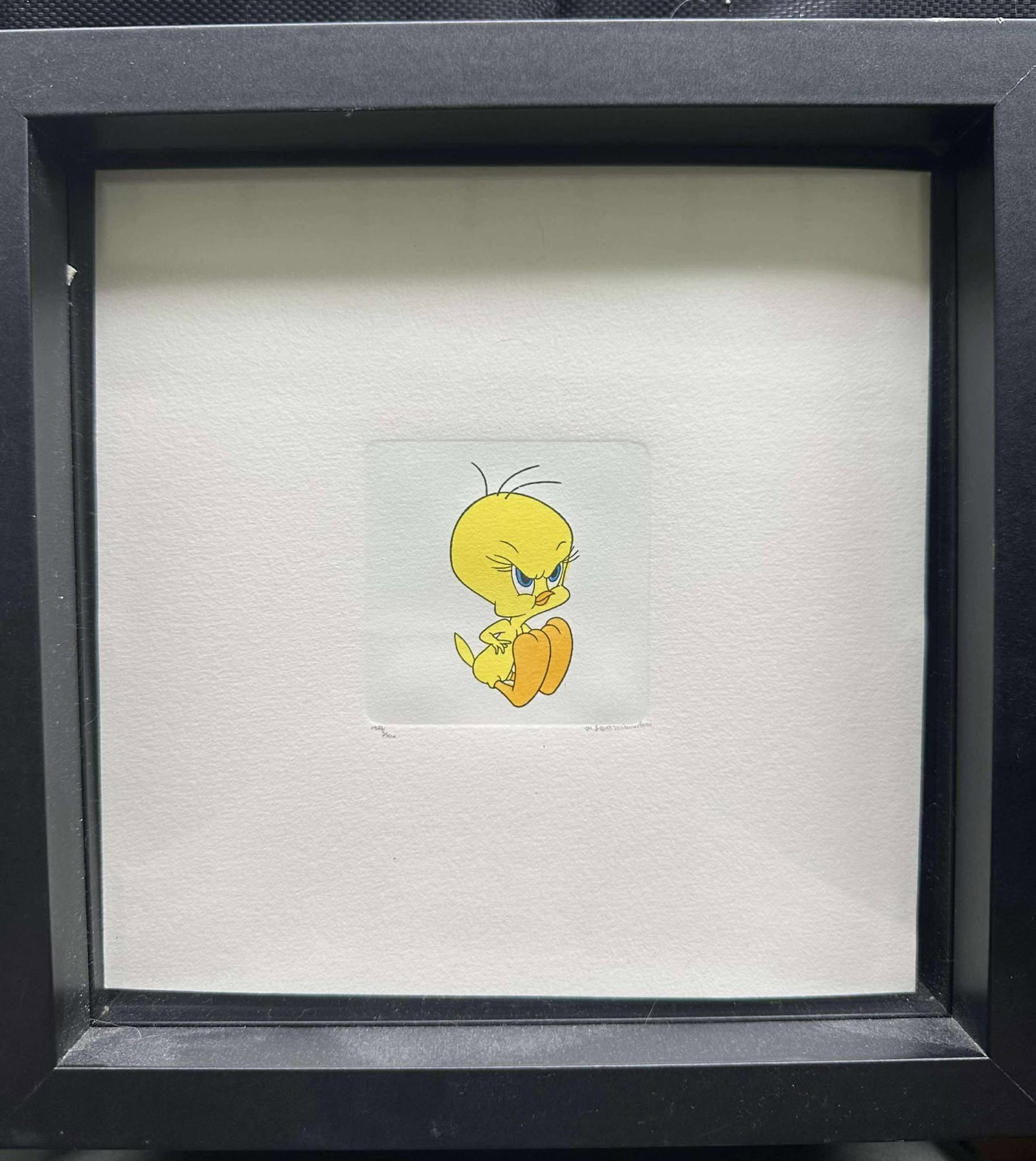 Warner Bros Studios Tweety: Warner Bros. Studio "Tweety" 1999 2 3/4" x 2 3/4" image size Etching in color on woven paper. Signed in pencil with the publishers initials, lower center and numbered. Gallery framed, COA, Appraisal.