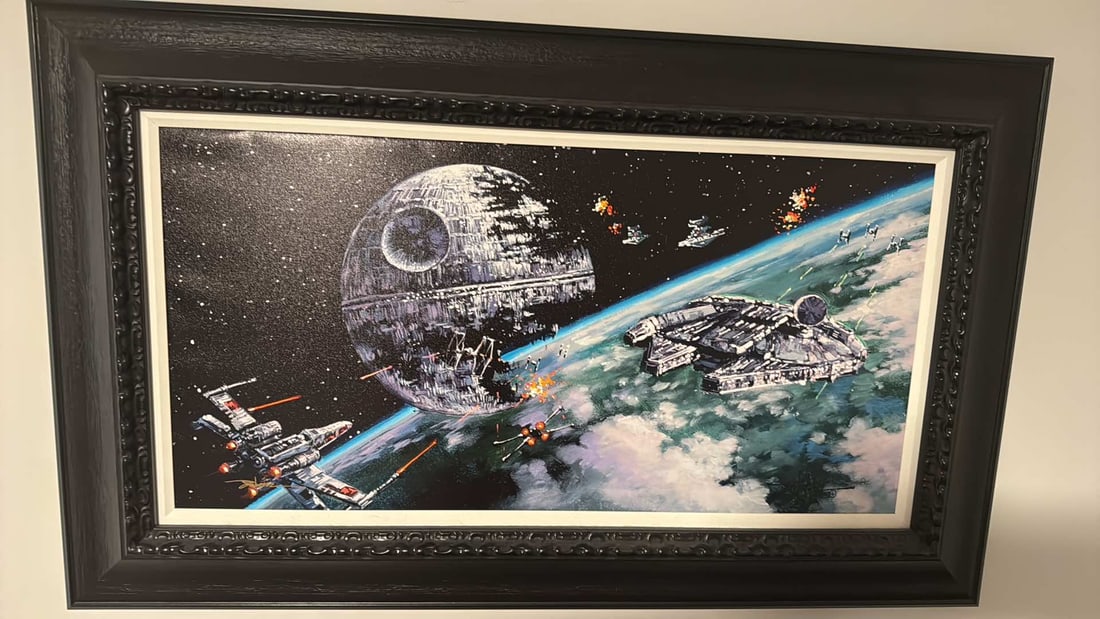 Rodel Gonzalez Battling the Death Star: Rodel Gonzalez "Battling the Death Star" 2022 18" x 36" image size Giclee in color on canvas. Hand-signed in pigment lower left by the artist. Gallery framed, COA, appraisal, JR