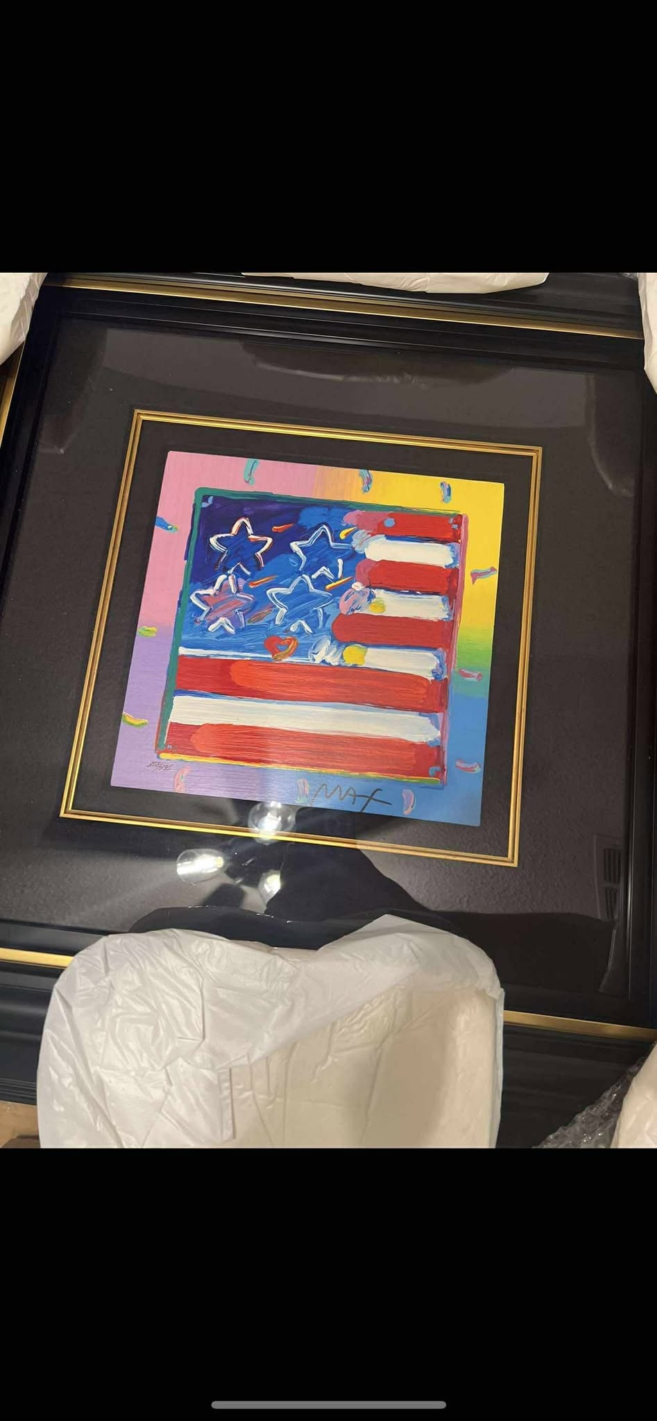 Peter Max Flag with Heart: Peter Max "Flag with Heart" 2017 11 1/8" x 11 1/8" image size serigraph in color on wove paper from the Peter Max Studion. Hand-signed by Peter Max in ink lower right and numbered in Arabic, lower