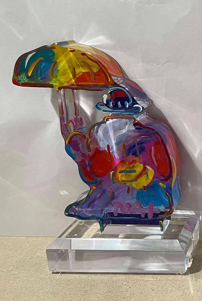 Peter Max Umbrella Man Ver III num 287: Peter Max "Umbrella Man Ver. III # 287" 2016 12" x 9" x 2" Hand-painted acrylic sculpture. Hand-signed in pigment lower right by the artist. A Unique work. COA, Appraisal. KF