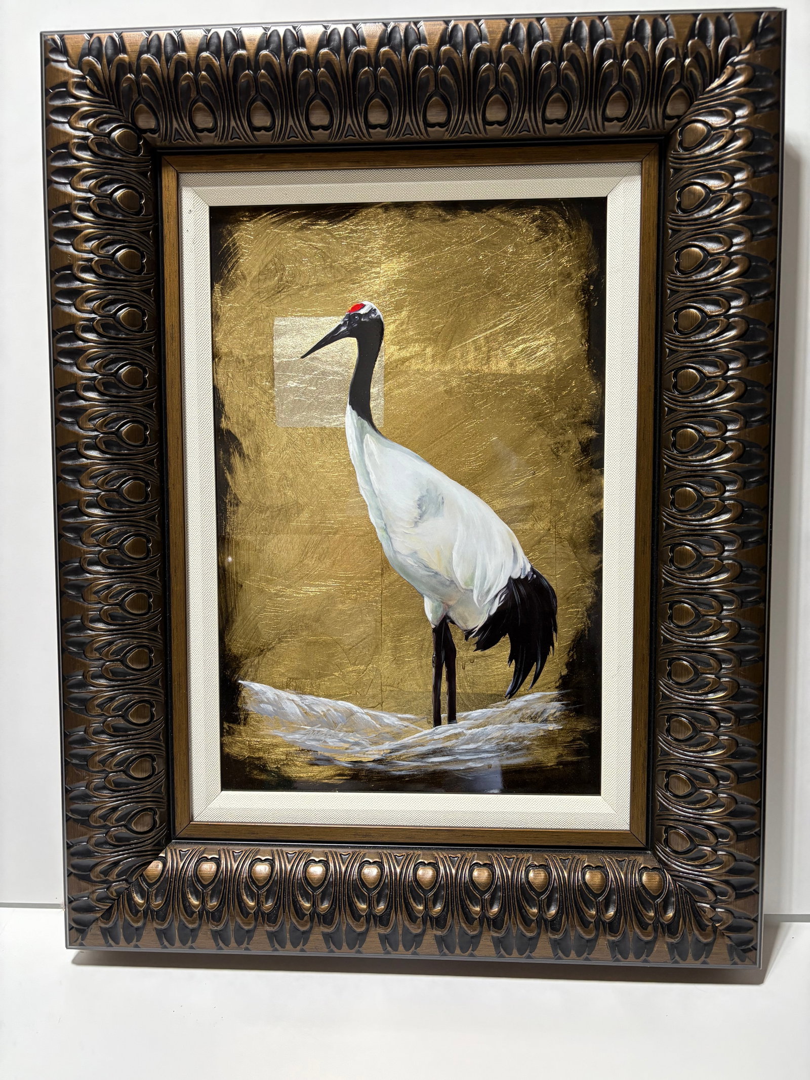 Patrick Guyton Red Crowned Crane: Patrick Guyton Red Crowned Crane on foil. Signed unique 11.5" x 17.5" image size. Gallery framed,. No paperwork