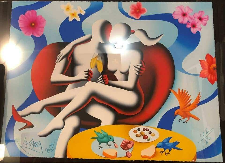 Mark Kostabi Love Birds: Mark Kostabi "Love Birds" 2020 18" x 24" image size Giclee in color on paper. Hand-signed by the artist. Gallery framed, COA, Appraisal. KS