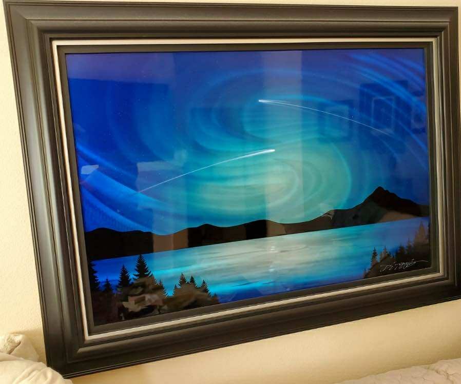 Chris Derubeis Tahoe Nights: Chris Derubeis "Tahoe Nights" 2017 24" x 36" image size Mixed media on aluminum including air-brush painting and hand ground surfaces. Hand-signed in pigment lower right by the artist. A Unique