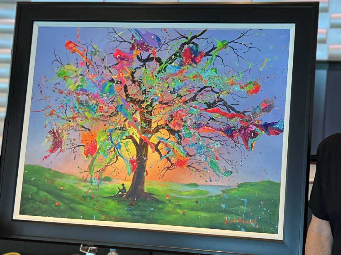 Jim Warren Happy Reader (Under the Tree of Life) Unique: Jim Warren "Happy Reader (Under the Tree of Life)" 2024 30" x 40" image size Mixed media painting on canvas with mounted collage elements. Hand-signed in pigment lwoer right by the artist. A unique