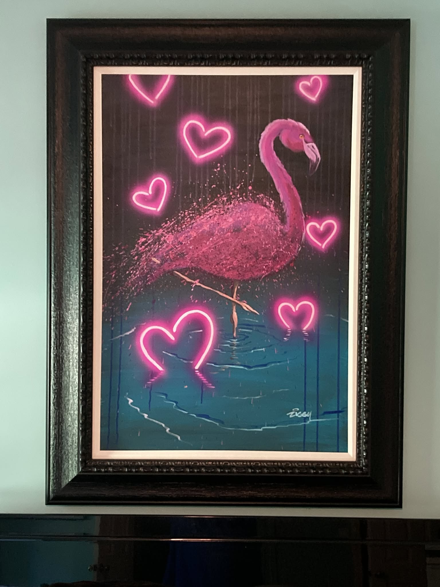 Ziggy It's a Flamingo Love Storm Unique: Ziggy "It's a Flamingo Love Storm" 2023 36" x 24" image size Acrylic painting on canvas. Hand-signed in pigment lower right by the artist. Titled, signed and dated on the verso. A Unique work. Gallery