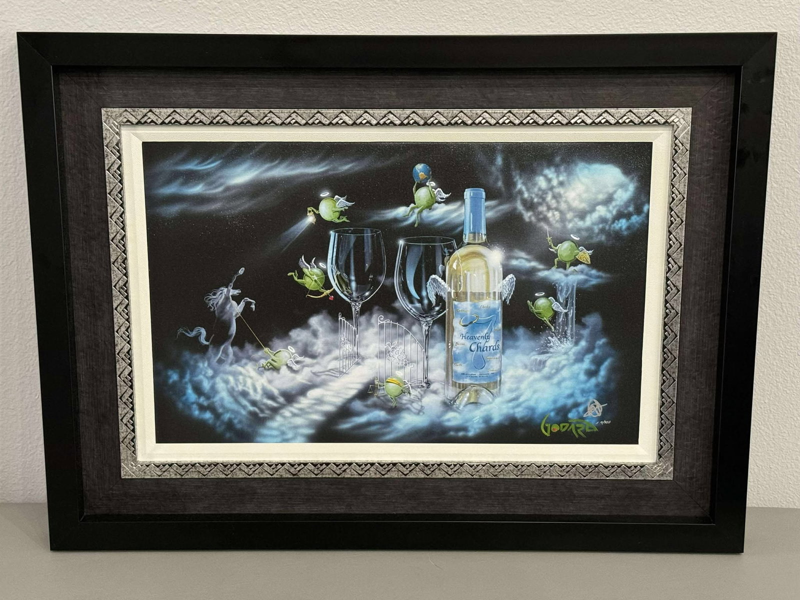 Michael Godard Heaven: Michael Godard "Heaven" 2021 16" x 25 1/2" image size Giclee in color with hand-embellishment on canvas. Hand-signed in ink lower right by the artist. Gallery framed, COA, Appraisal. MM