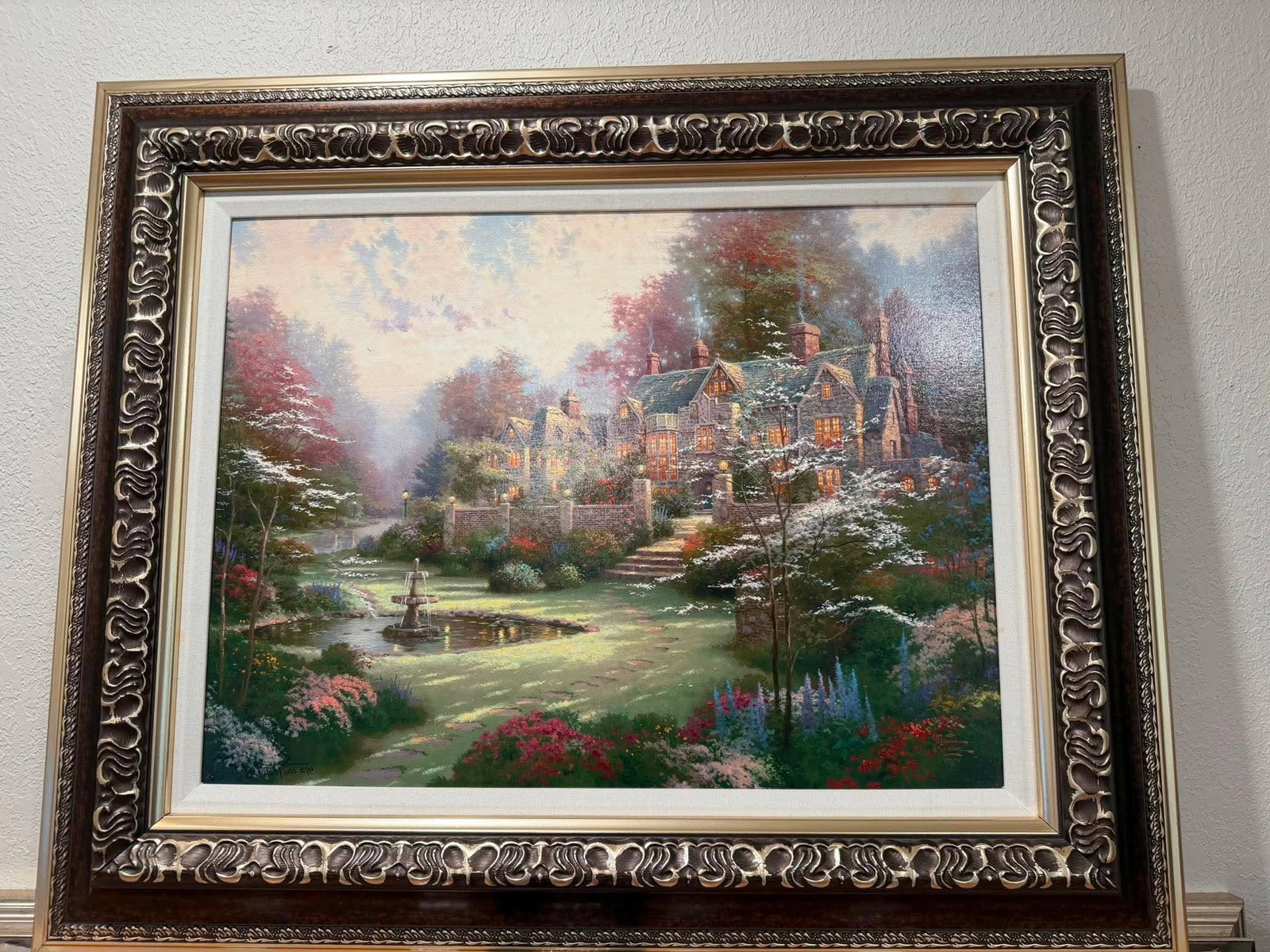 Thomas Kinkade Garden Beyond Spring Gate: Thomas Kinkade "Garden Beyond Spring Gate" 1998 18" x 24" image size Giclee in color with acrylic hand embellishment on canvas. Signed with the artist's authorized signature applied through the