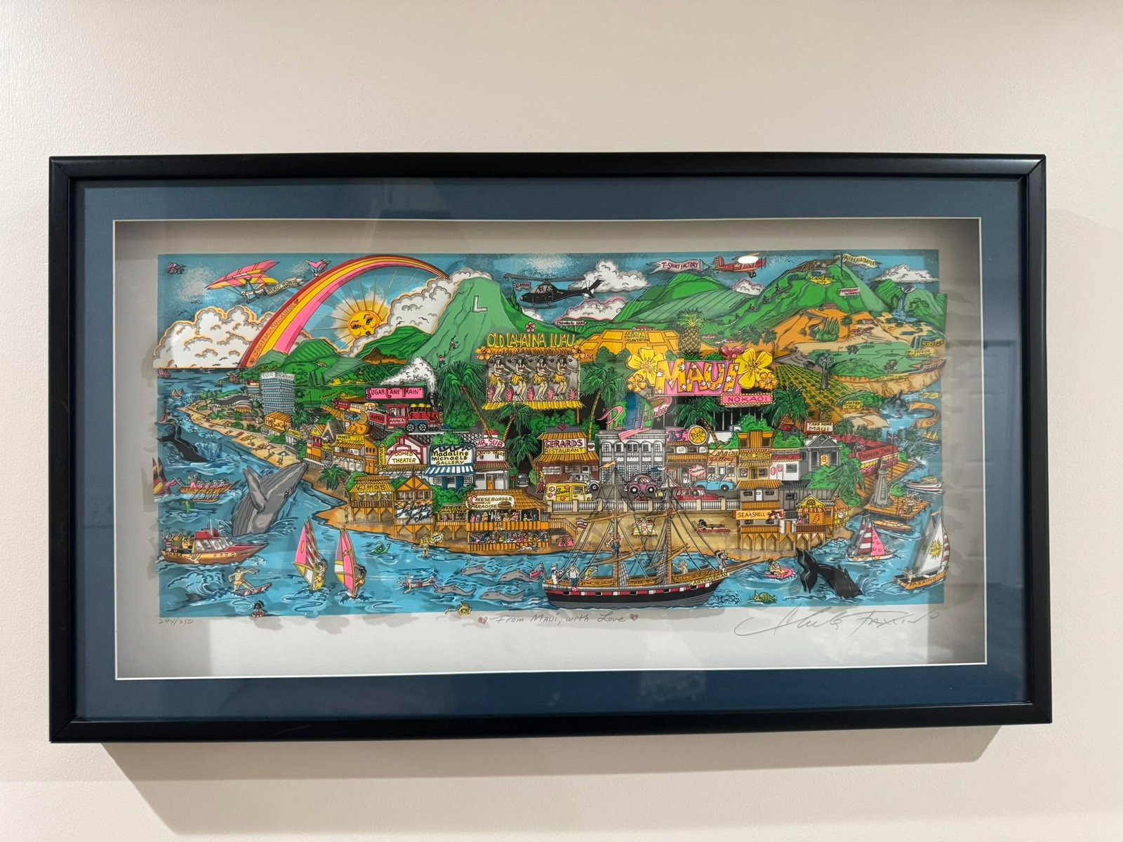 Charles Fazzino From Maui with Love: Charles Fazzino "From Maui, with Love" 1997 27.75" x 12.75" image size silkscreen serigraph on board. Gallery framed, COA, appraisal. SMS