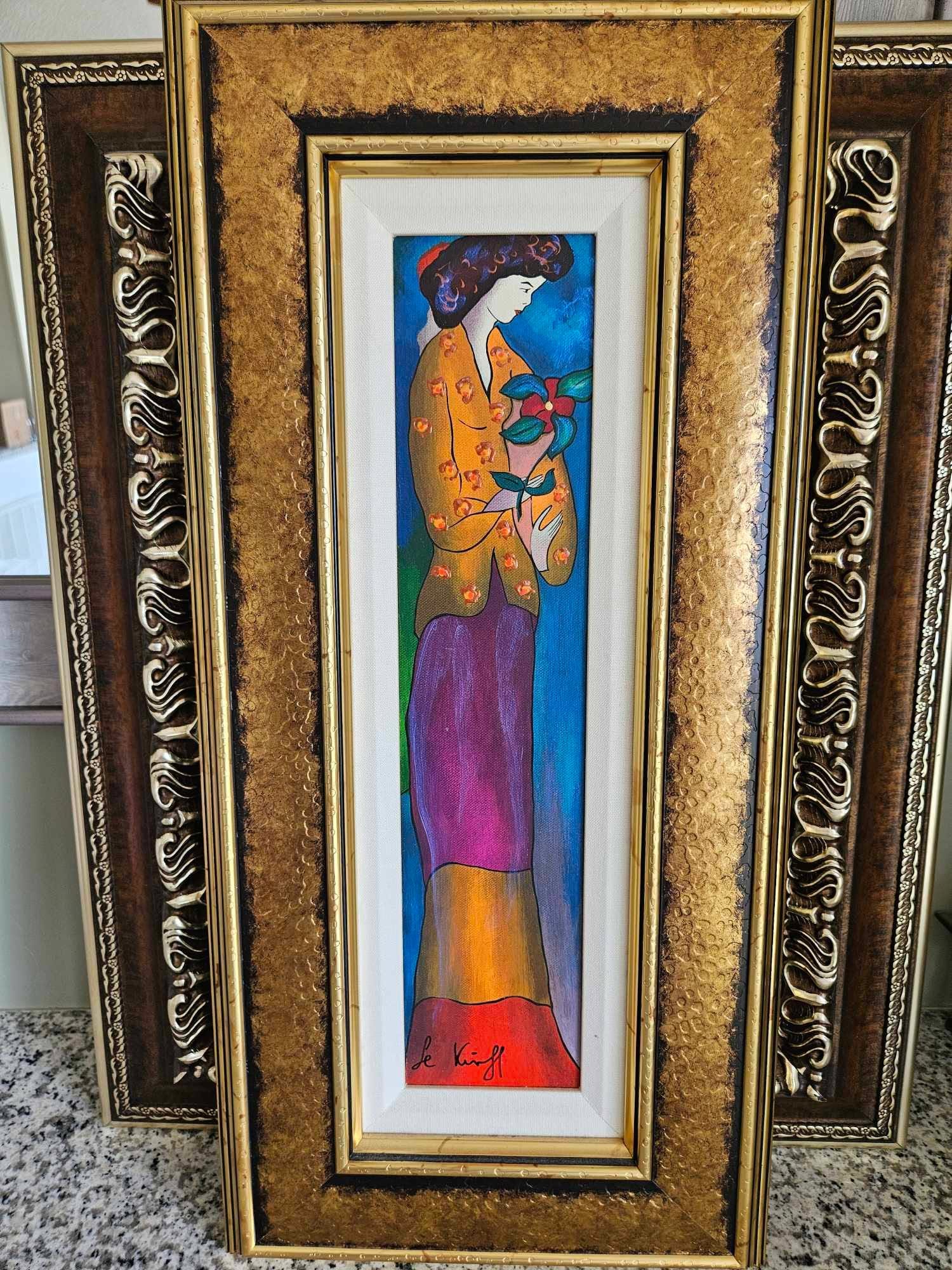 Linda Le Kinff Kiki: Linda Le Kinff "Kiki" 2006 18 1/4" x 4 1/4" image size serigraph in color on canvas with hand embellishment. Signed in ink lower left. Gallery framed, COA. TT