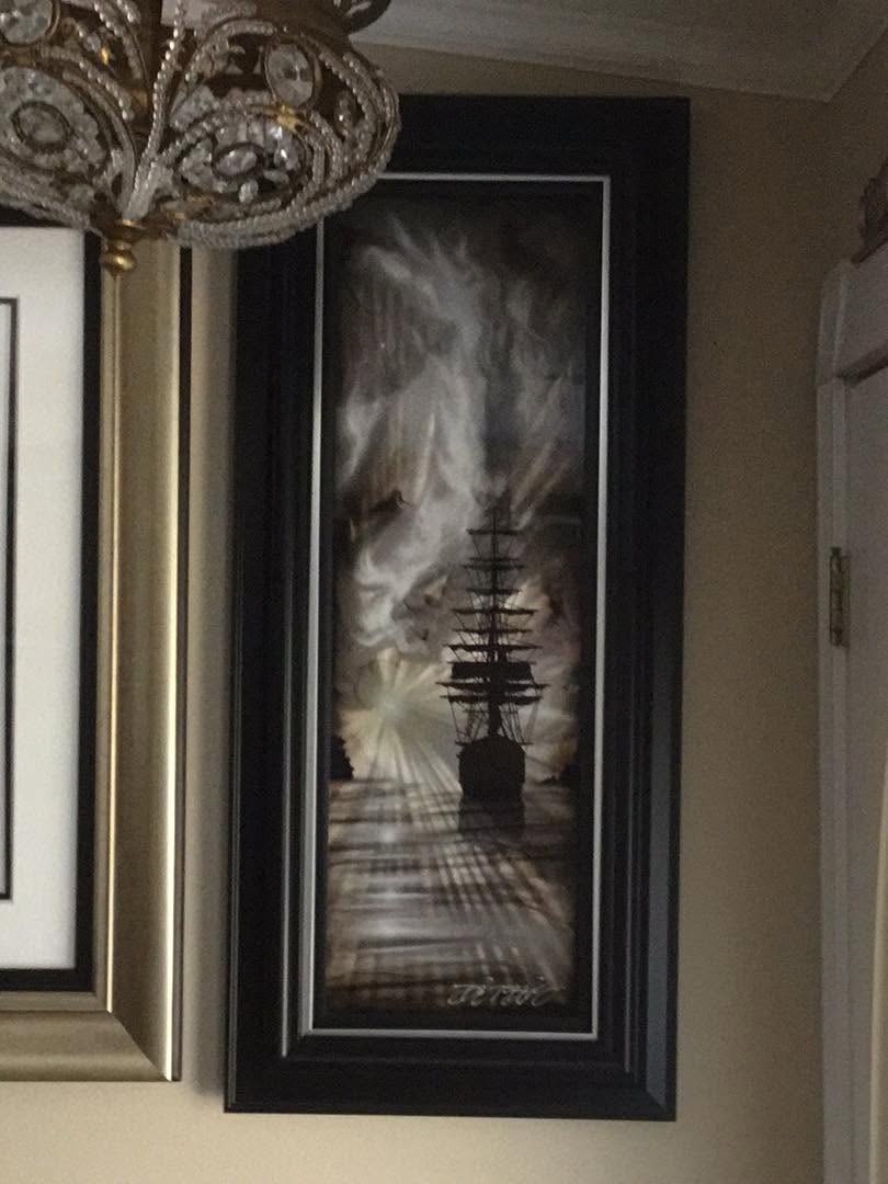 Chris Derubeis Hidden Cove: Chris Derubeis "Hidden Cove" 2024 35" x 11" image size Mixed media on aluminum panel including air brushing and hand ground surfaces. Hand-sigend in pigment by the artist. Gallery framed, COA,