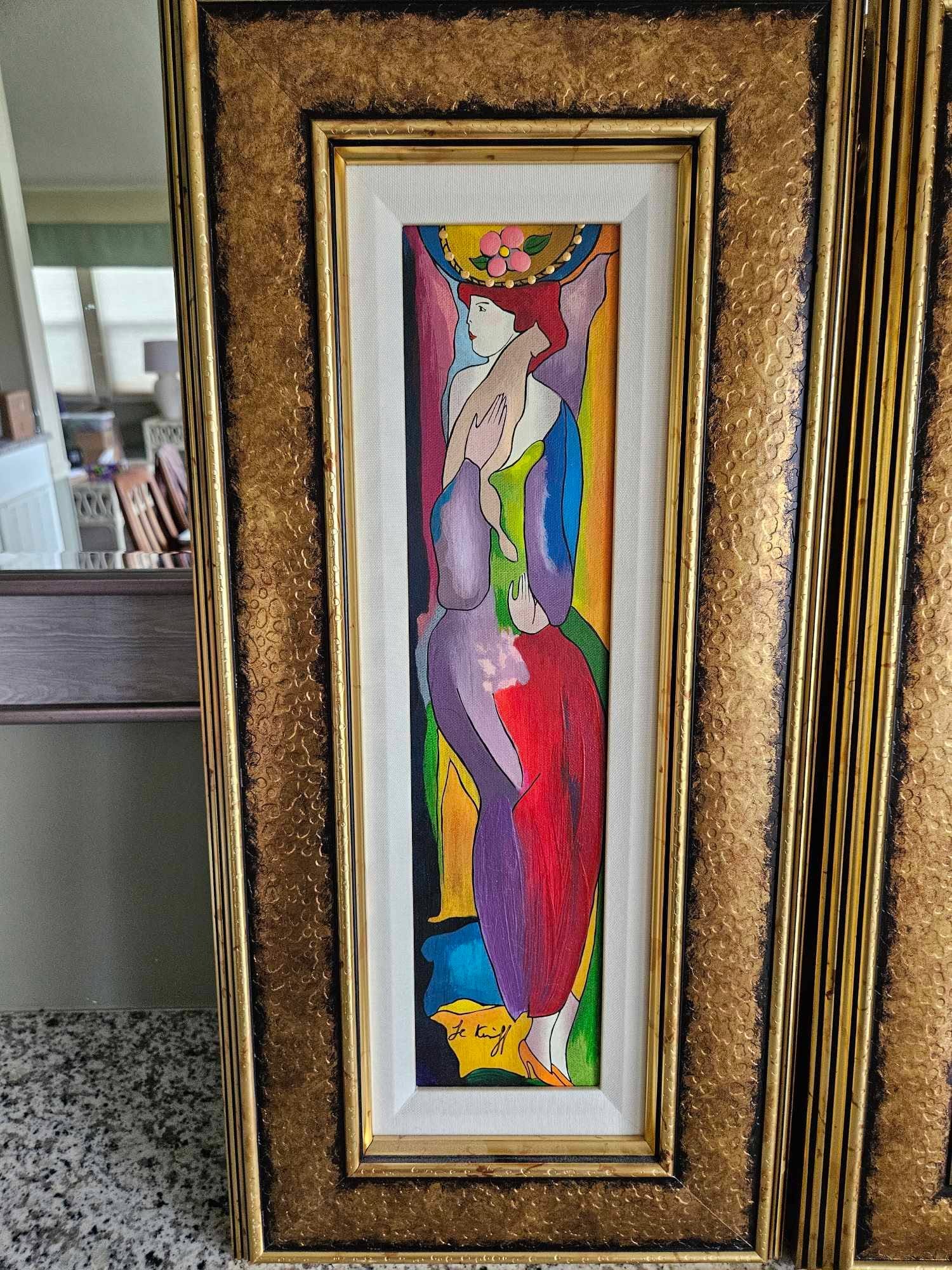 Linda Le Kinff "Mag": Linda Le Kinff "Mag" 2006 18 1/8" x 4 3/8" image size Serigraph in color on canvas with hand embellishment. Signed in ink lower left. Gallery framed, COA. TT