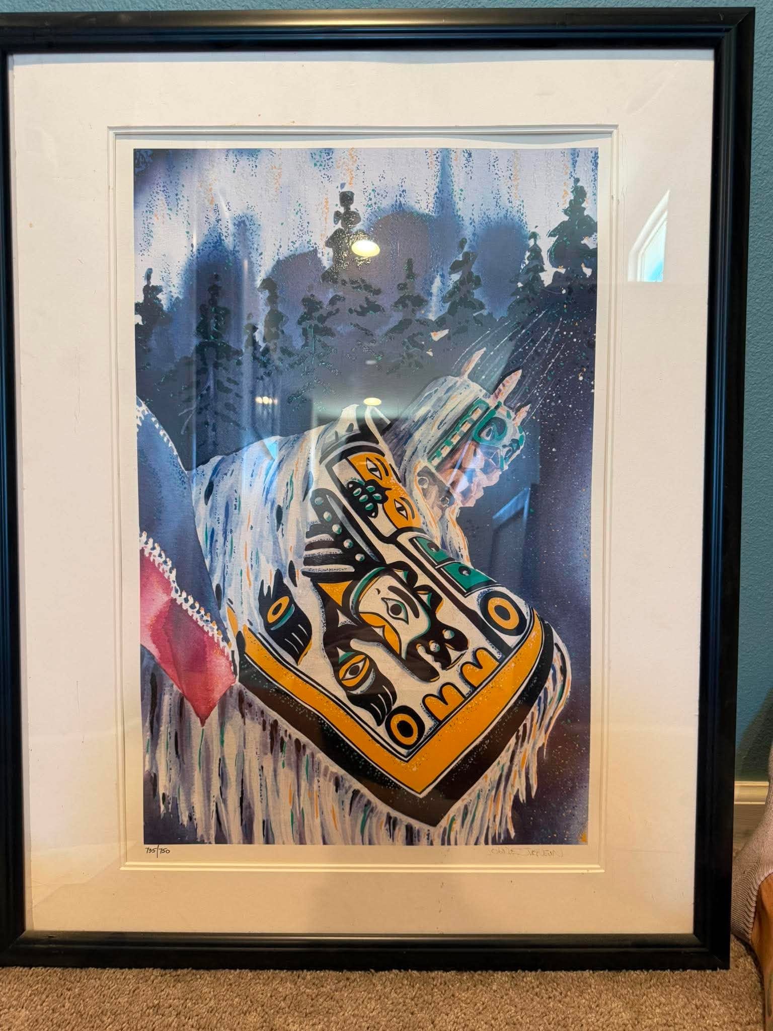 John Svenson Blanket Dancer seriolithgraph: John Svenson "Blanket Dancer" 1999 22" x 14 1/4" image size Seriolithgraph in color on paper. Signed in ink, lower right. Gallery framed, COA, Appraisal. SH