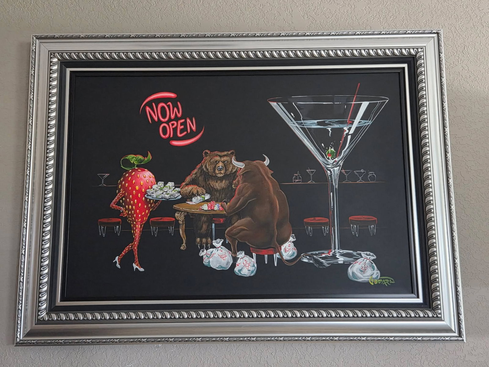 Michael Godard The Bull and The Bear Unique 53" x 38" framed: Michael Godard "The Bull and the Bear" 2023 Mixed Media painting on canvas. Hand-signed in pigment lower right by the artist. A unique work. Gallery framed, Appraisal. KK
