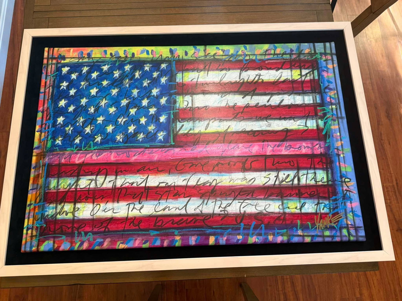 Tim Yanke Yanke Doodle (Thin Red Line) Unique mixed media: Tim Yanke "Yanke Doodle (Thin Red Line)" 2022 24" x 36" image size Mixed media painting with pigment, pastels, ink and charcold on canvas. Hand-signed in pigment lower right by the artist. Signed and 