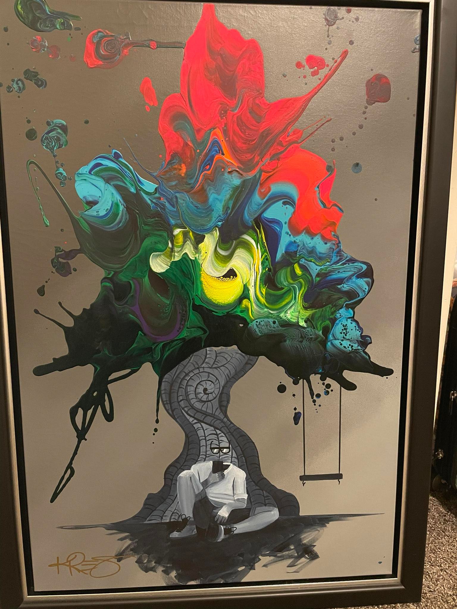 Kre8 "Stolen Youth" Unique: Kre8 "Stolen Youth" 2023 36" x 24" Image size Acrylic Painting on canvas. Hand-signed in pigment lower left by the artist. A unique work. Gallery Framed, COA, Appraisal