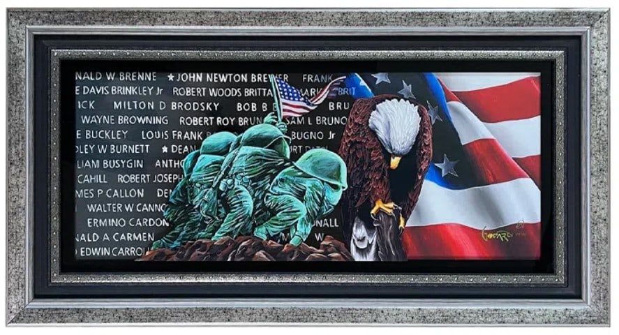 Michael Godard "For Those Who Gave All": Michael Godard "For Those Who Gave All" 2020 13 3/8" x 33 1/2" Image size Mixed media sculptograph with brushed aluminum, acrylic, and archival UV ink. Hand-signed in pigment lower right by the