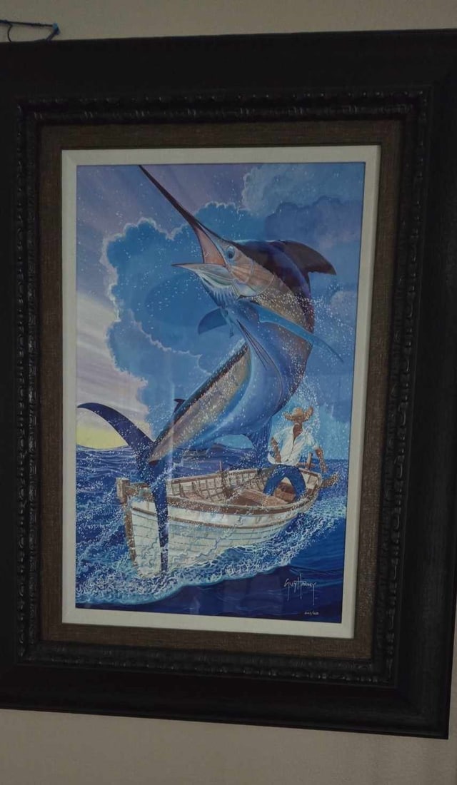Guy Harvey "El Viejo": Guy Harvey "EL Viejo" 2017 16 1/2" x 26" Image size Digital multiple on aluminum through dye sublimation. Hand-signed in pigment lower by the artist. Gallery framed, COA, Appraisal