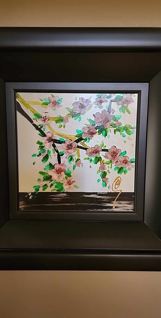 Clare Sykes "Springs Kiss" "Unique: Clare Sykes "Spring's Kiss" 2019 10 1/8" x 10 1/8" image size acrylic with resin and oil painting on aluminum panel. Hand-signed in pigment lower right by the artist. Signed and titles on ther verso.
