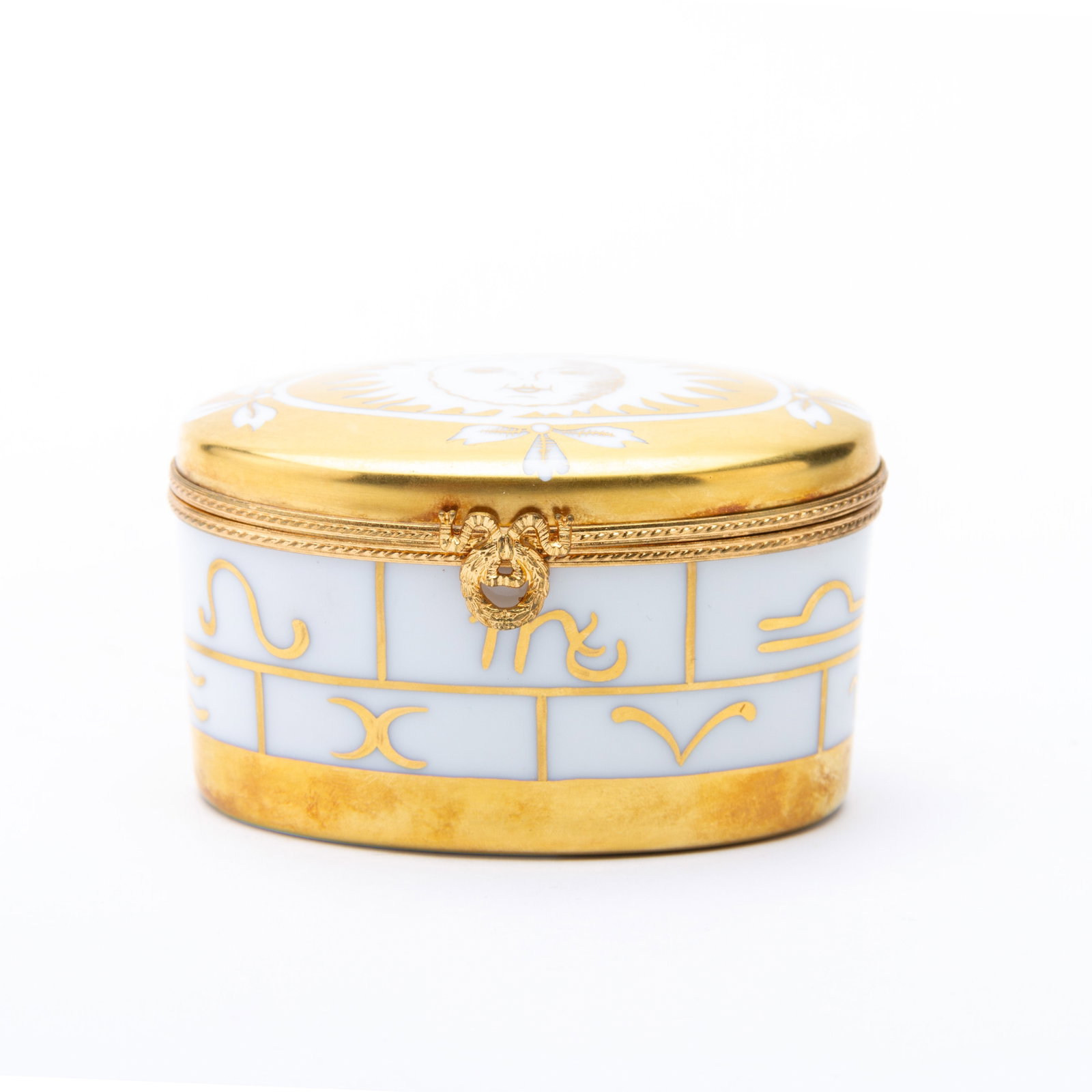 Tiffany & Co. "Horoscope" 24KT Gold Gilt Porcelain Lidded Box: DIMENSIONS APPROX 9x9x5CM. Potential buyers should note that condition reports are matters of opinion only, they are non-exhaustive and based solely on what can be seen to the naked eye unless otherwi