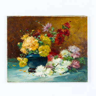 Eugene-Henri Cauchois (French, 1850-1911) Impressionist Flowers Still Life Oil: DIMENSIONS APPROX 61x50x2CM.