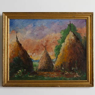 Impressionist Haystacks Landscape Belgian Oil Painting 19th Century: DIMENSIONS APPROX 39x32x2.5CM.