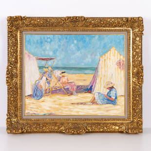 H?l?ne Dubourg Belgian Impressionist Oil Painting Beach Scene: DIMENSIONS APPROX 87x74CM.