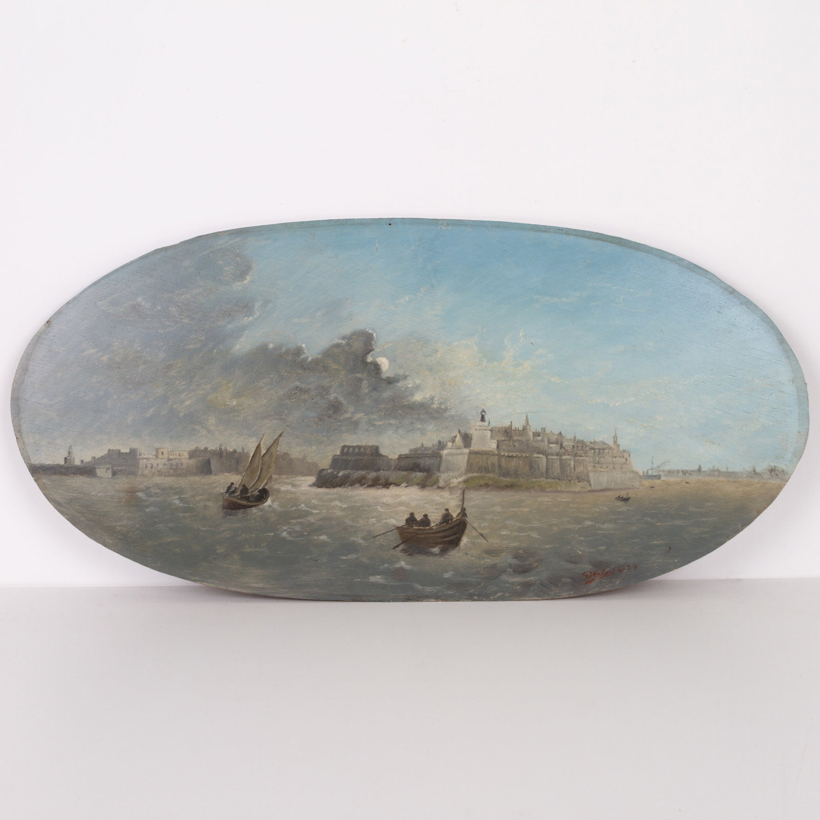 Signed Nautical Maritime Coastal Scene Oil Painting on Panel Early 20th Century (1 of 7)