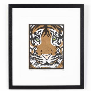 Alison Headley (British Contemporary) "Gold Tiger" Signed Print 26/50: DIMENSIONS APPROX 40x45x2CM.