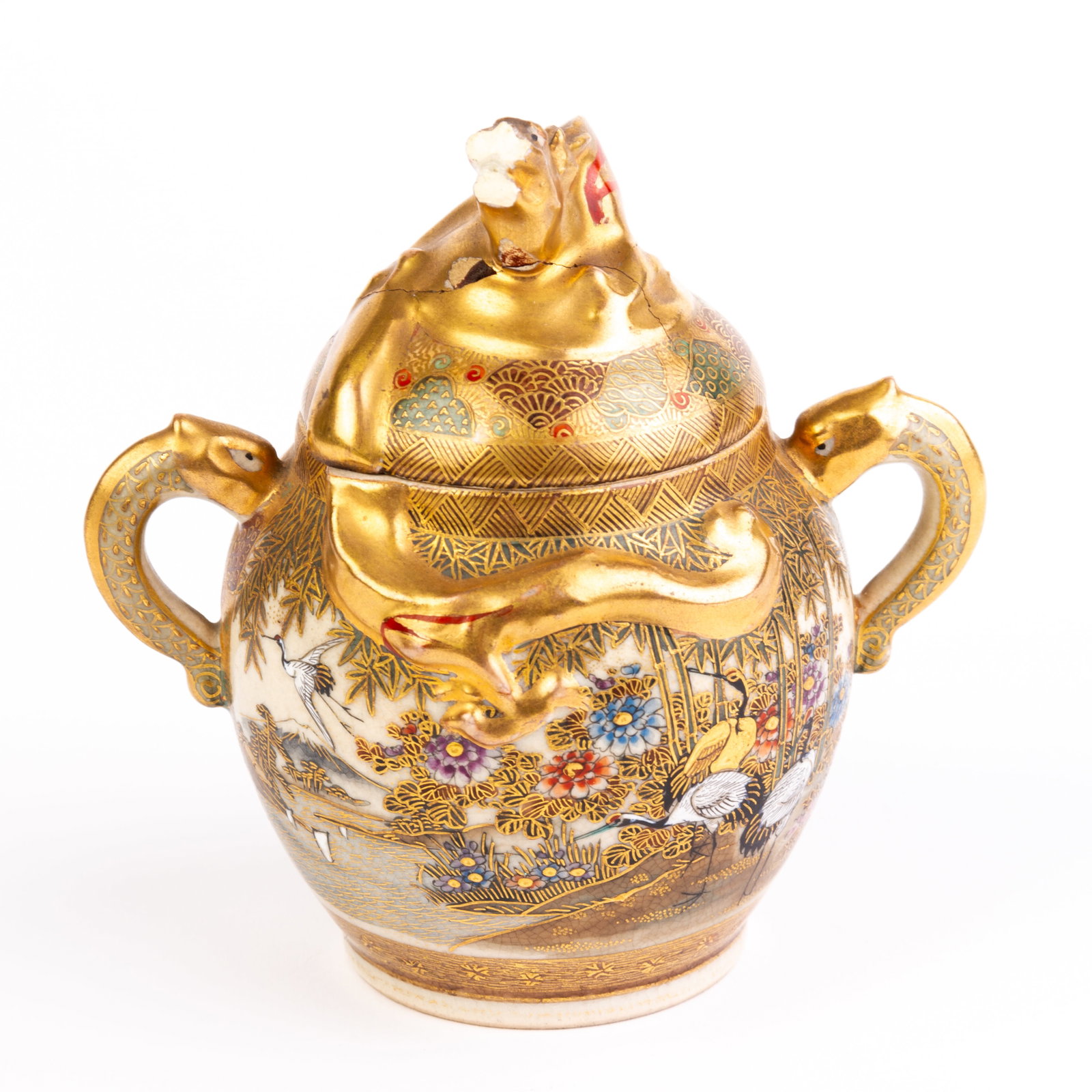 Japanese Signed Satsuma Pottery Sugar Bowl Meiji: DIMENSIONS APPROX 13x13x9CM.