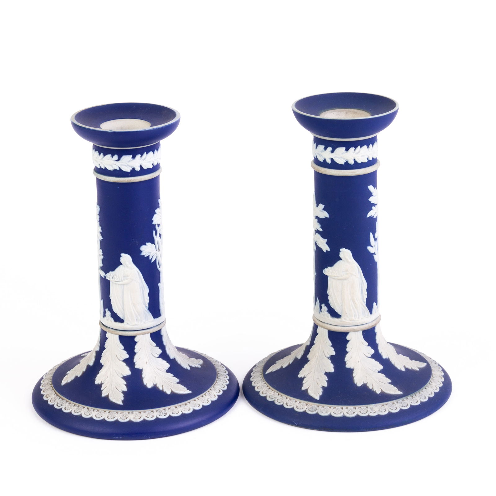 Wedgwood Portland Blue Jasperware Neoclassical Candlesticks: DIMENSIONS APPROX 11x11x6CM.