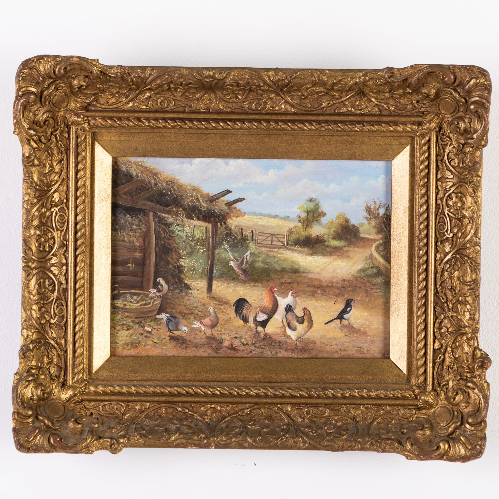Manner of Edgar Hunt (1876-1953) Farmyard Painting: MEASURING APPROX 32 X 25.5CM FRAMED; PAINTED ON WOOD PANEL MEASURING 20.5 X 14CM, SIGNED D. F.