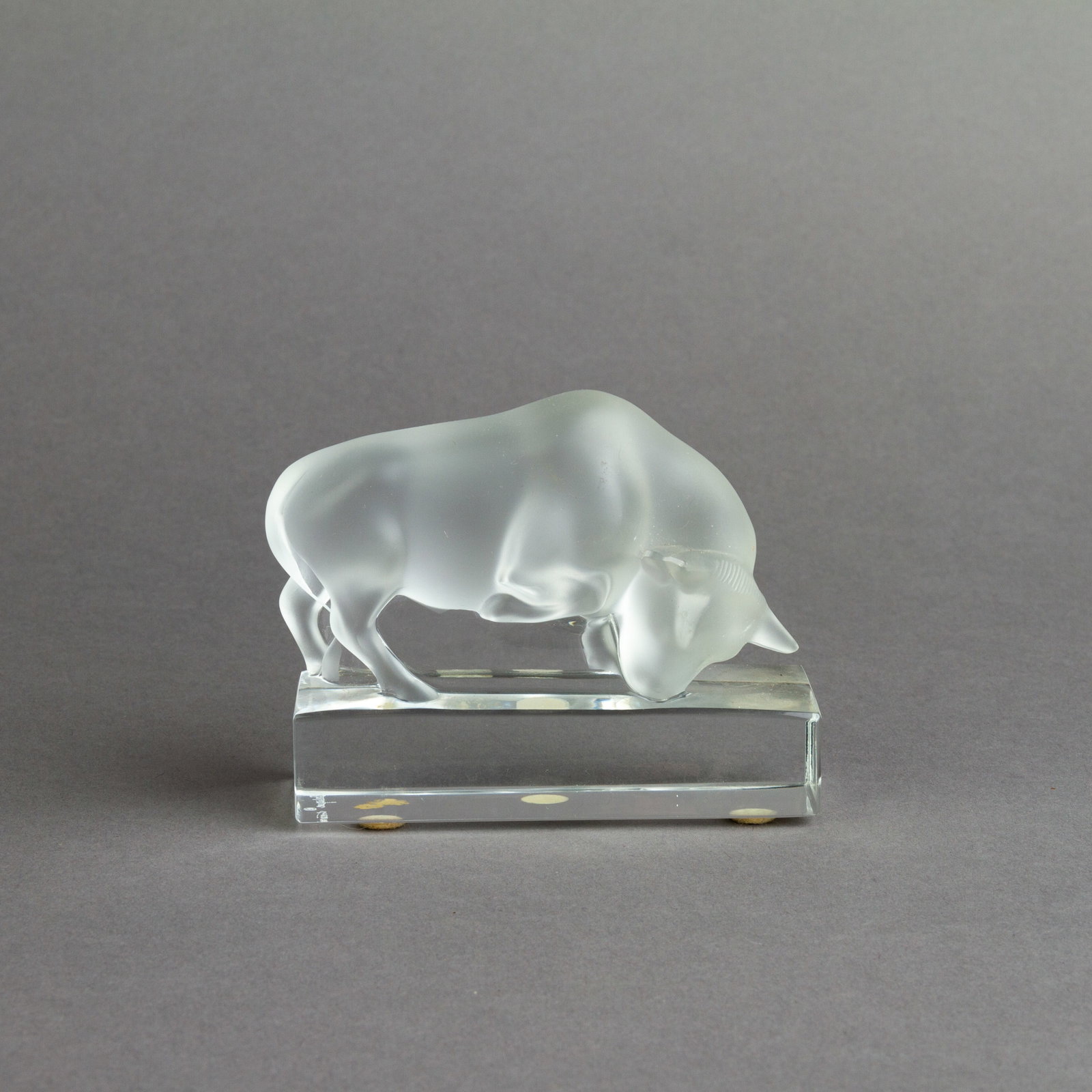 Signed French Lalique Frosted Glass Bull Sculpture: DIMENSIONS APPROX 9x11x4CM.