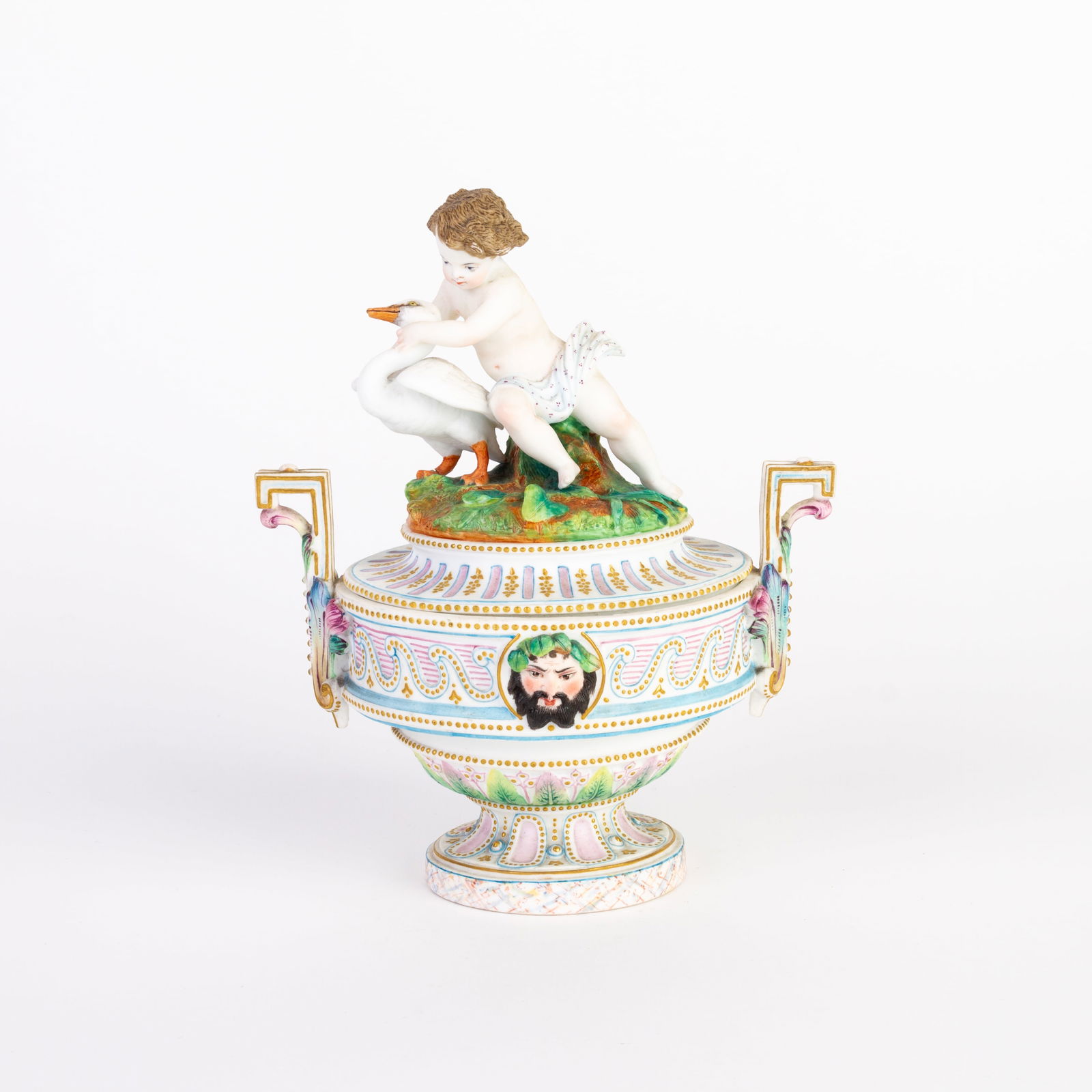 Neoclassical Polychrome Bisque Porcelain Putto Pot Pourri: DIMENSIONS APPROX 17x12.5x19CM.