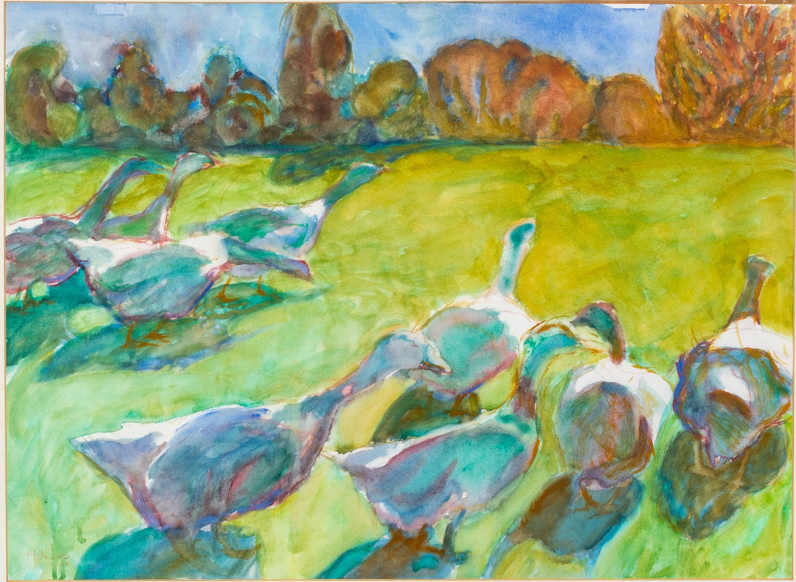 Hans Schwarz (German 1922-2003) Geese Watercolour Painting: DIMENSIONS APPROX 92x72x2CM.