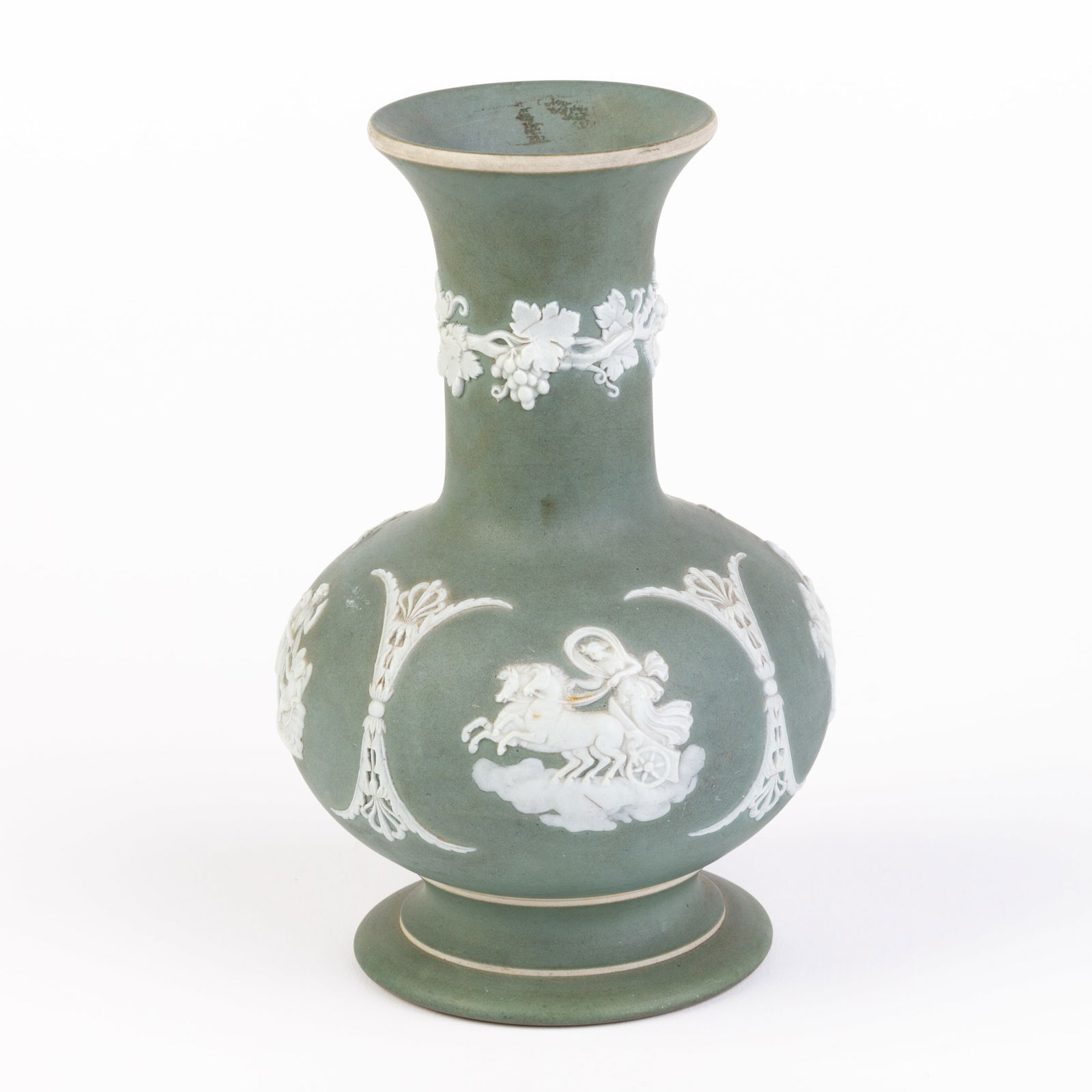 Wedgwood Green Jasperware Neoclassical Baluster Vase: DIMENSIONS APPROX 13x13x18CM.