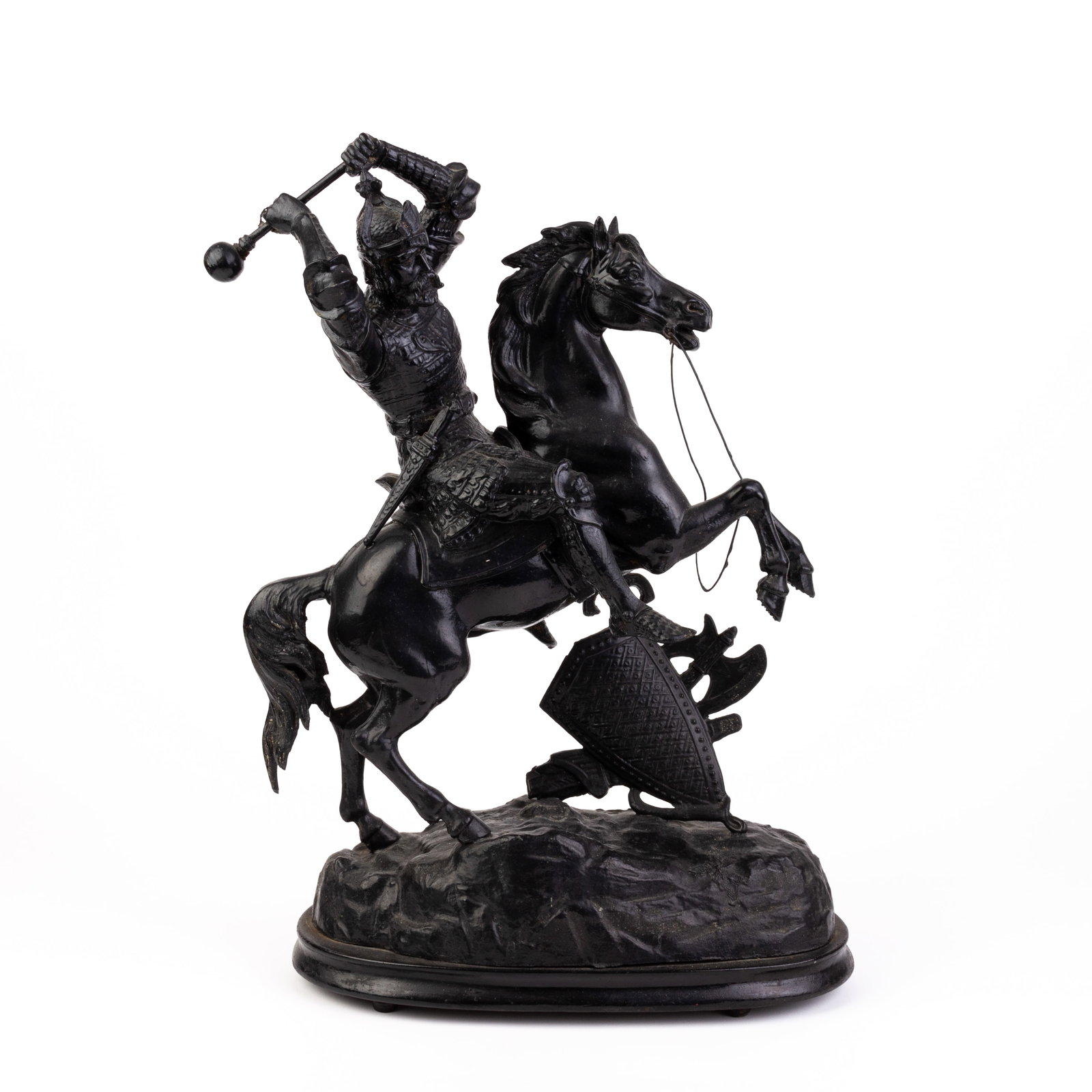 Cast Spelter Sculpture of Knight on Rearing Horse 19th Century: DIMENSIONS APPROX 34x16x50CM.