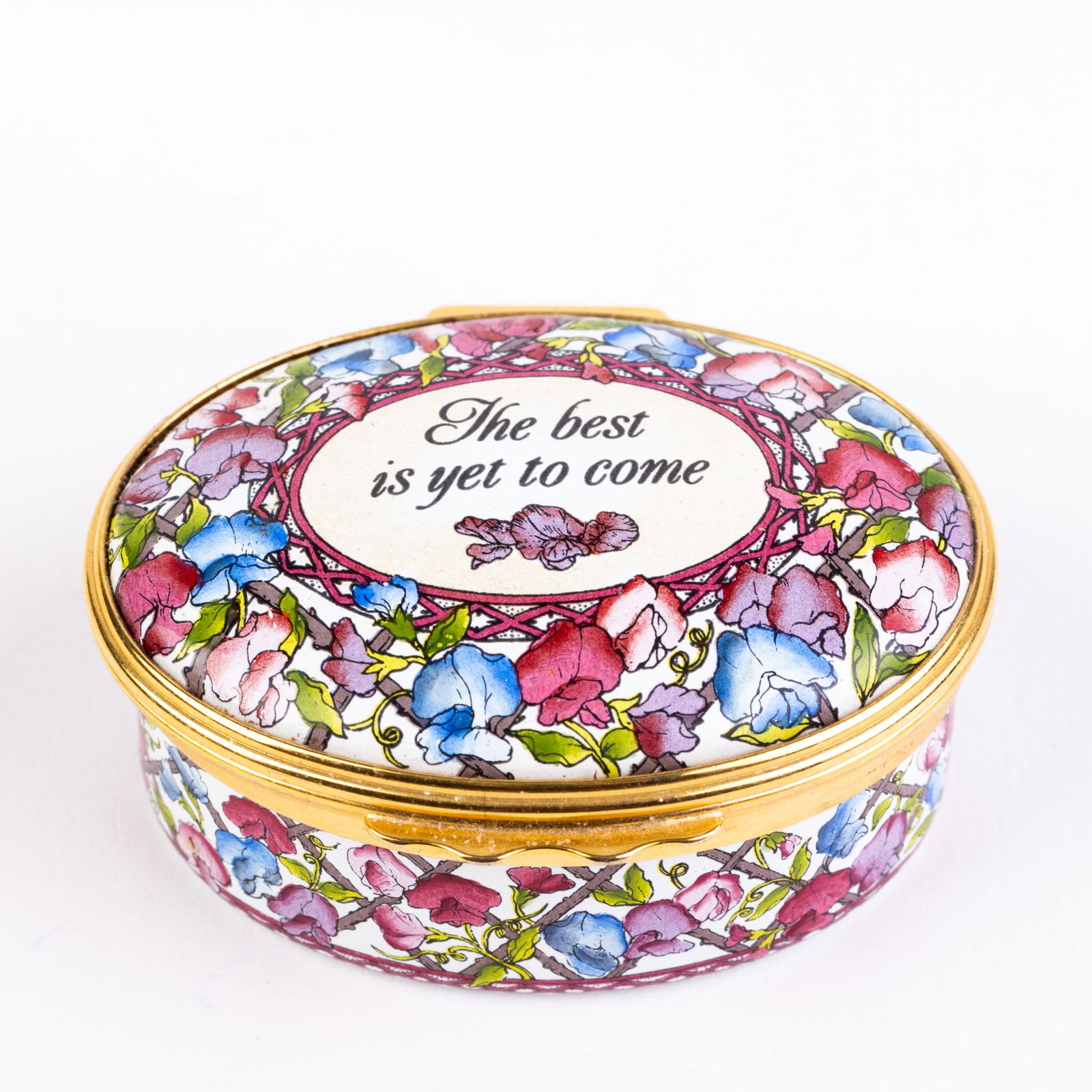 Halcyon Days English Enamel Pillbox: DIMENSIONS APPROX 5.5x4.5x3CM.