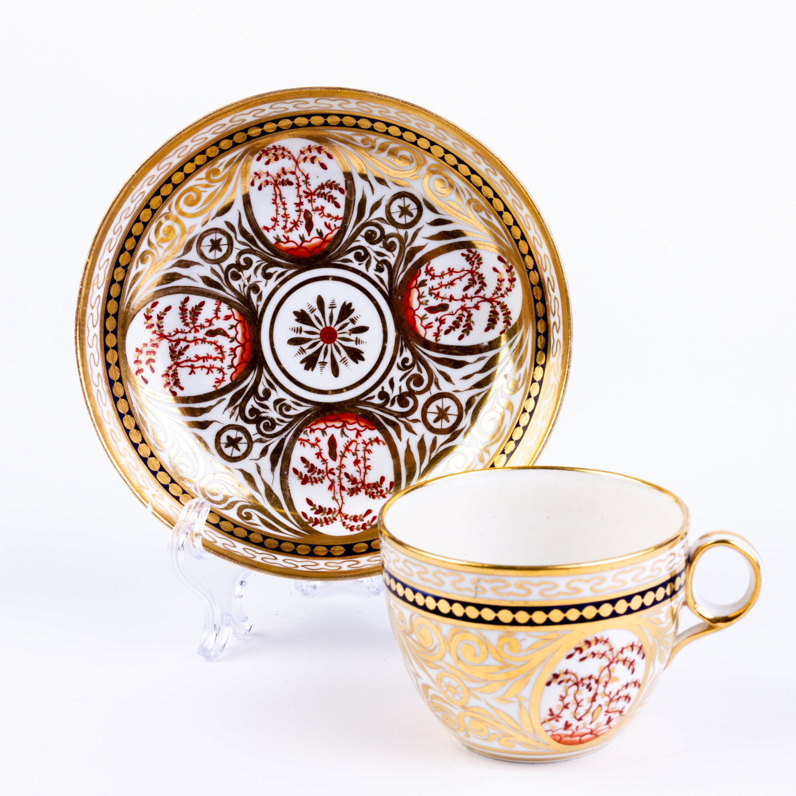 Georgian Minton Porcelain Teacup & Saucer Early 19th Century: DIMENSIONS APPROX 14x14x6.5CM.