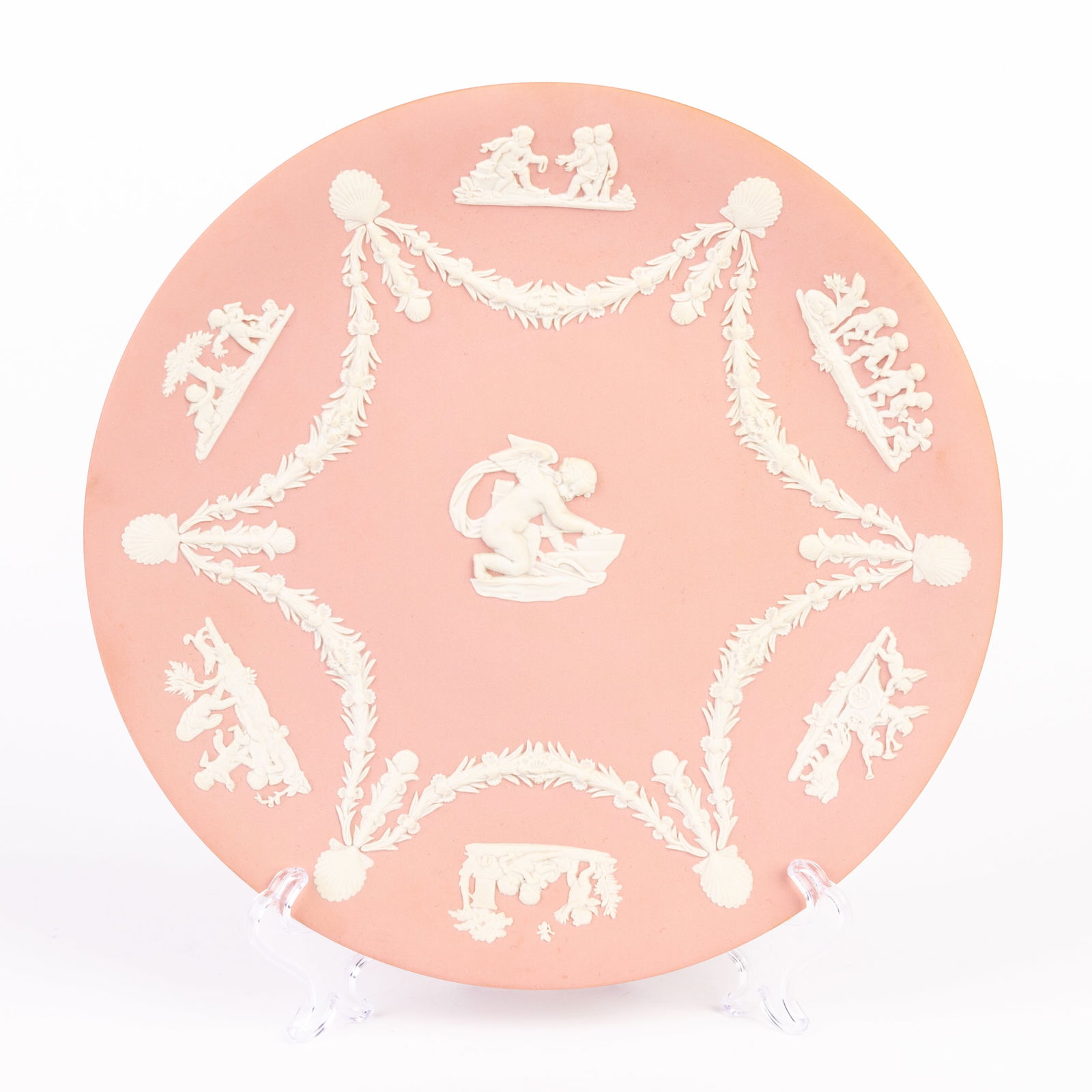 Wedgwood Pink Jasperware Putti Plate: DIMENSIONS APPROX 22x22x1CM.