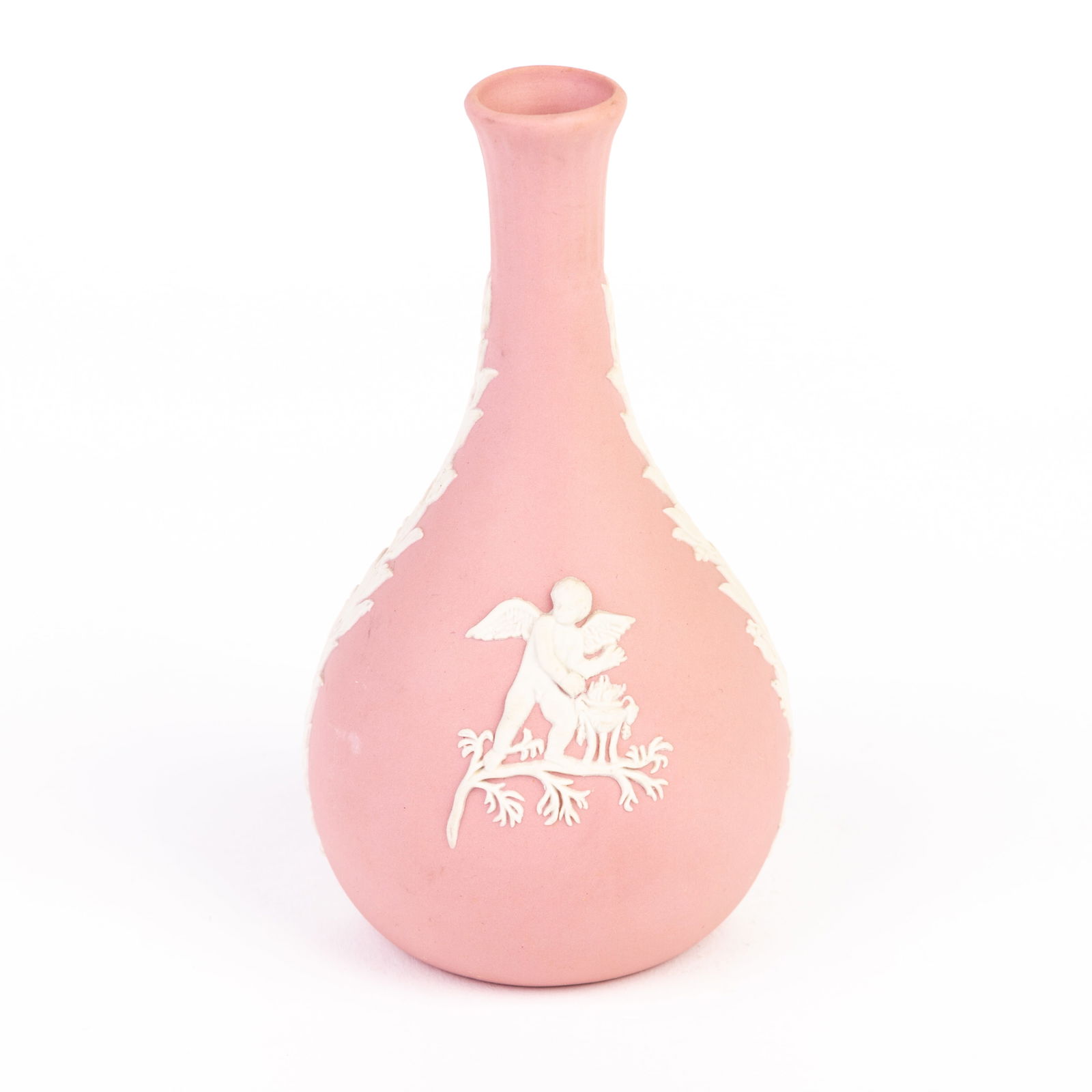 Wedgwood Pink Jasperware Putto Vase: DIMENSIONS APPROX 8x8x14CM.
