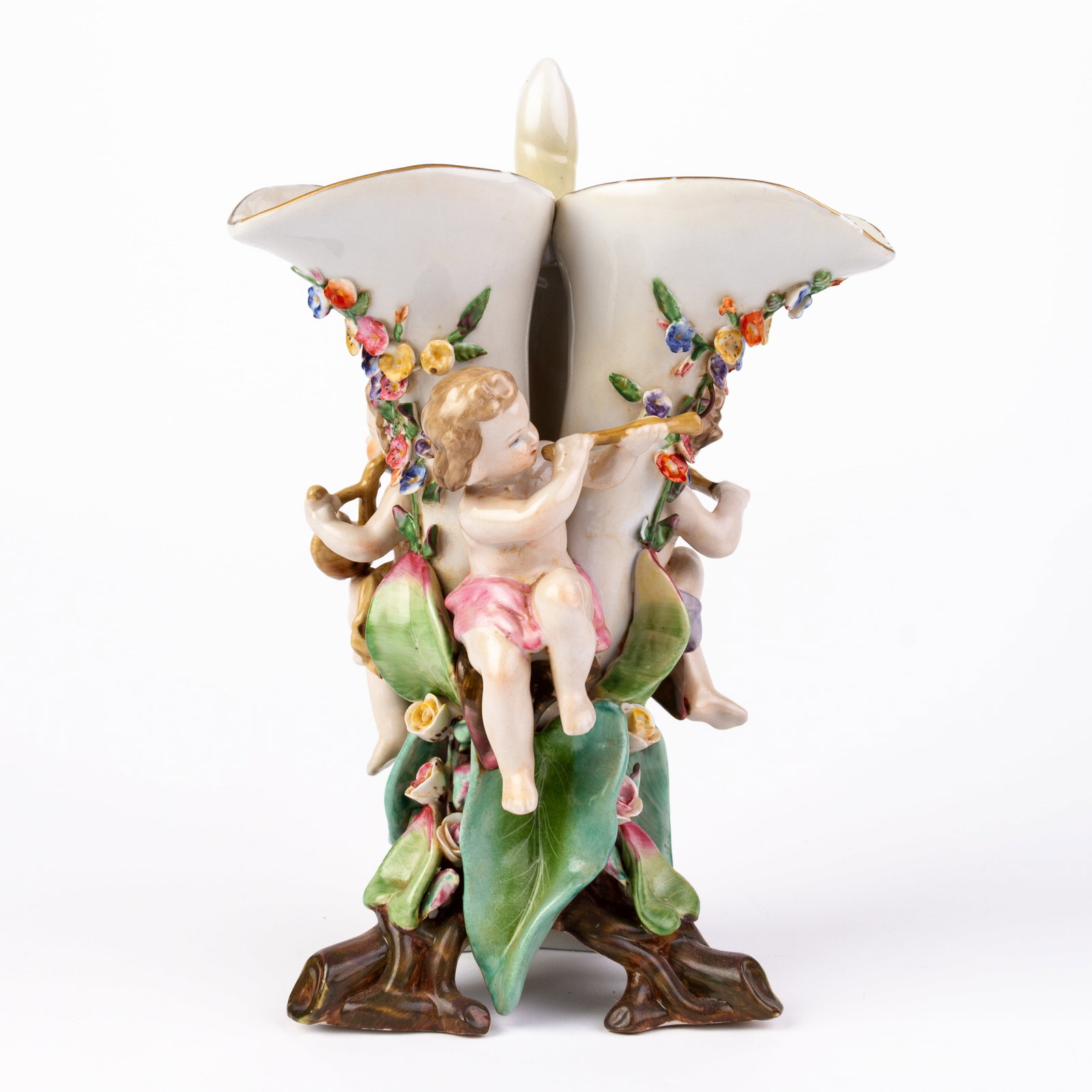 Meissen Fine Porcelain Putti Musicians Spill Vase: DIMENSIONS APPROX 26x16x16CM.