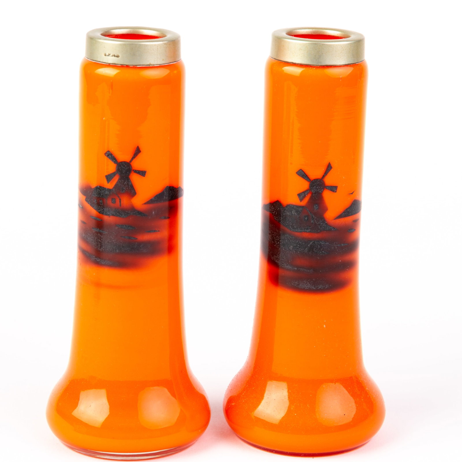 Pair of Czech Enamel Silhouette Tango Glass Spill Vases: DIMENSIONS APPROX 7x7x16CM.