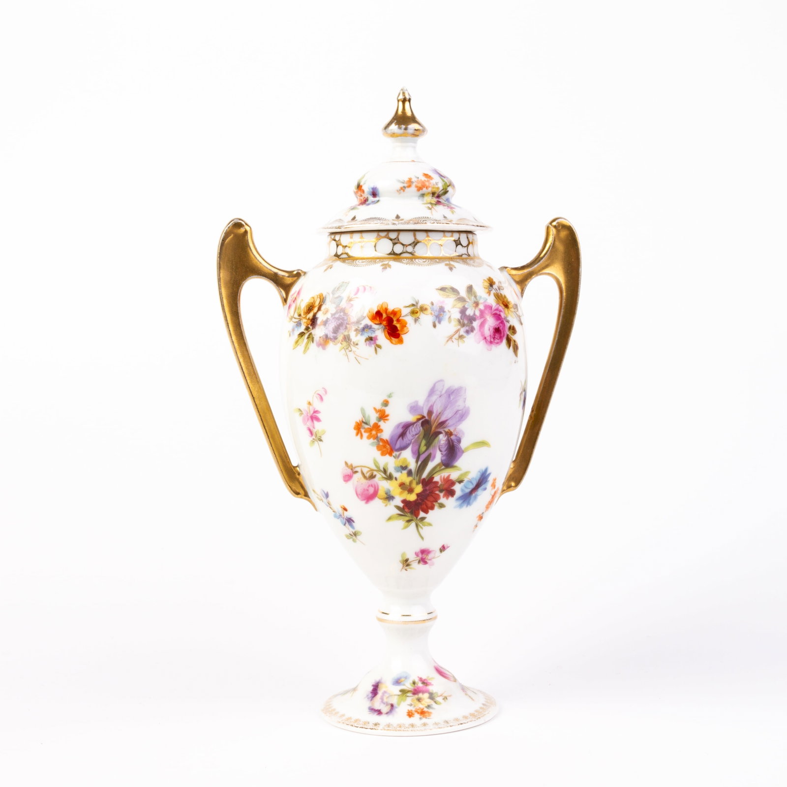Dresden Fine German Porcelain Lidded Floral Vase: DIMENSIONS APPROX 24x14x9CM.