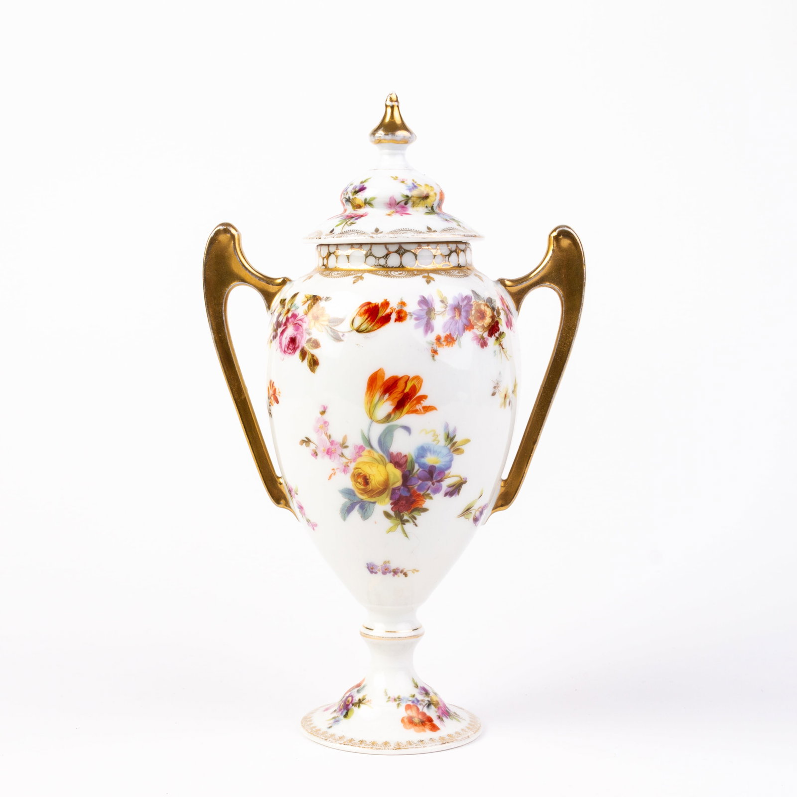 Dresden Fine German Porcelain Lidded Floral Vase: DIMENSIONS APPROX 24x14x9CM.