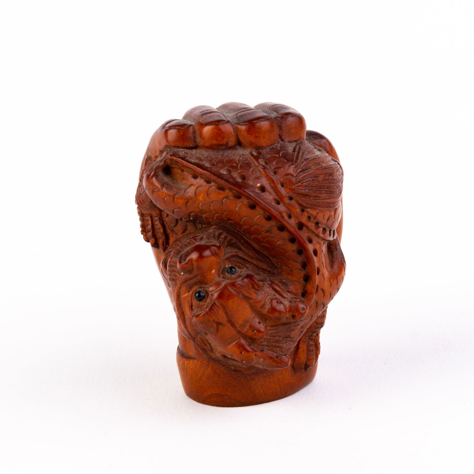 Signed Japanese Boxwood Netsuke Inro of Dragon in Hand (1 of 5)