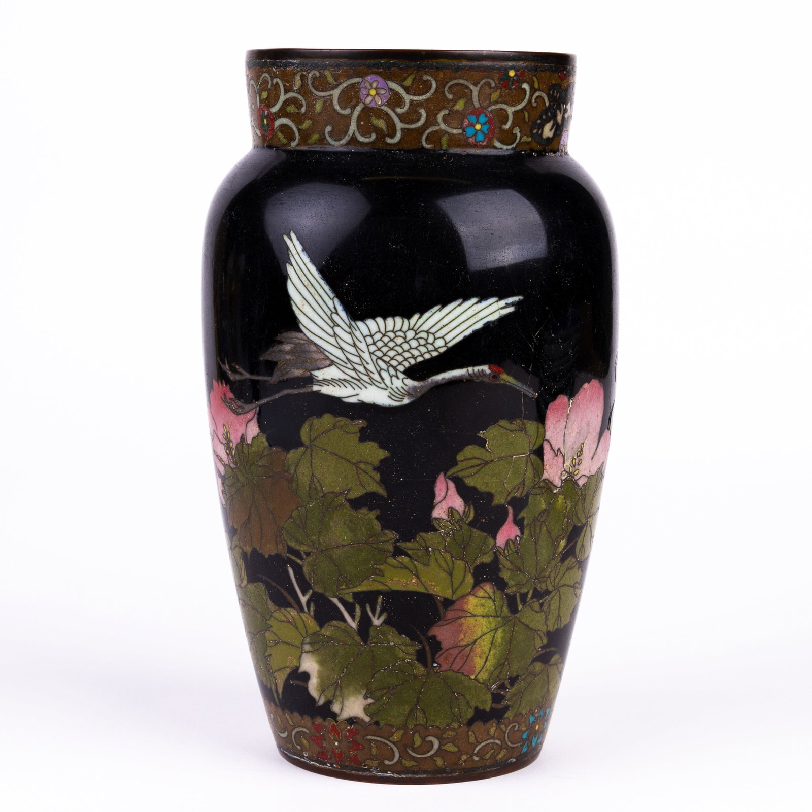 Japanese Cloisonne Enamel Stork Vase Meiji 19th C: DIMENSIONS APPROX 14x14x22CM.