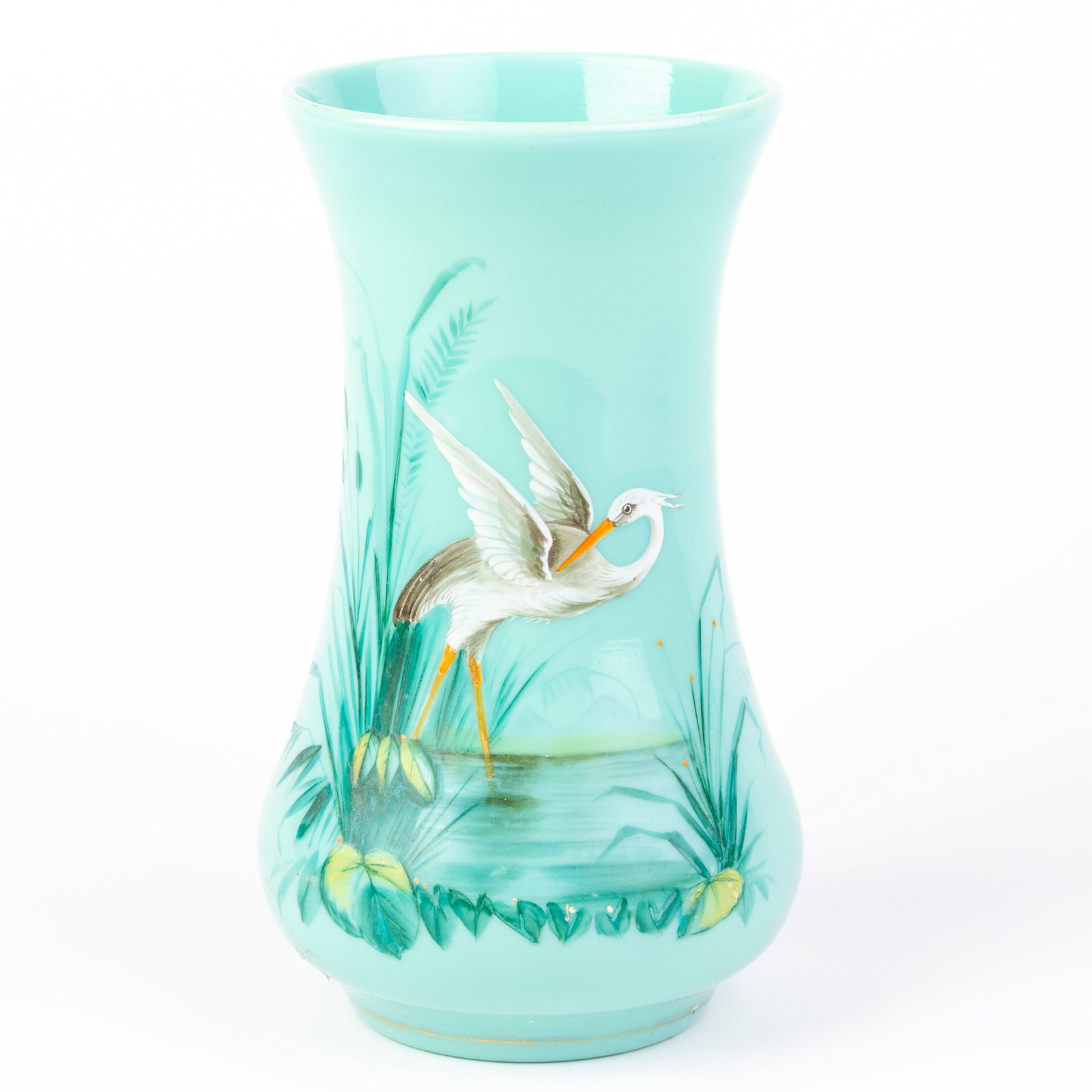 Art Deco Czech Opaline Enamel Painted Vase: DIMENSIONS APPROX 5.5x5.5x17CM.